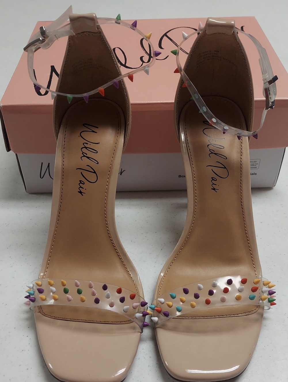 Wild Pair Nude Patent Ankle-Heel Sandals with Multicolor Studs Sz 9 Bethie3